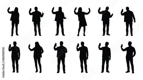 Silhouettes of people in various poses arms raised against a white background