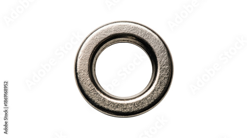 Single silver metal eyelet providing a round hole, used as fastening hardware for various garments and textile products