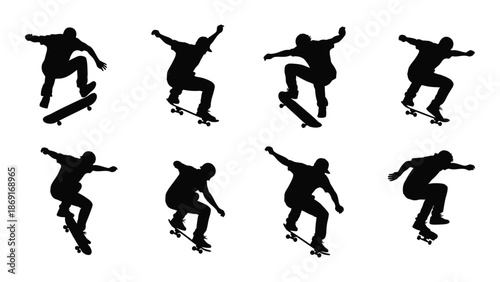 Silhouettes of skateboarders performing various tricks and action poses