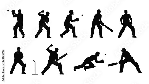 A sequence of silhouettes depicting a cricketer batting in different positions