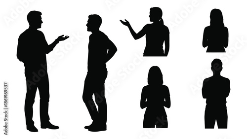 Silhouettes of people engaged in conversation and standing in a group