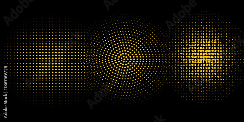 Dark Textured Background with Golden Ink Print. Halftone Dot Grunge Texture. Gold halftone design elements and halftone dot pattern.