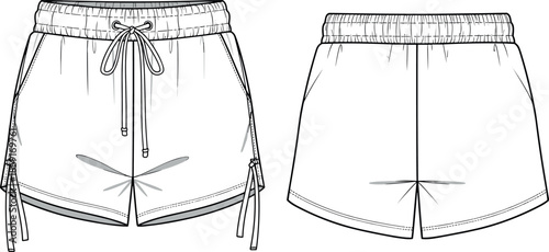 Technical fashion flat sketch of women's casual drawstring shorts with elastic waistband and side ties for apparel design and mockup