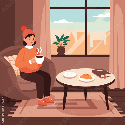 Woman enjoying hot drink by window in autumn