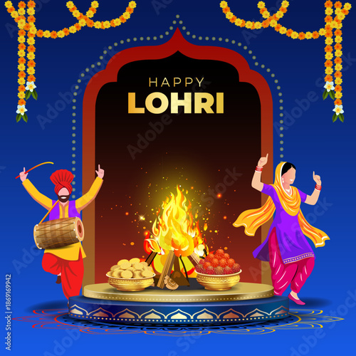 Happy Lohri. Indian Punjabi Sikh couple dancing Bhangra around a bonfire against a festive celebration background.
