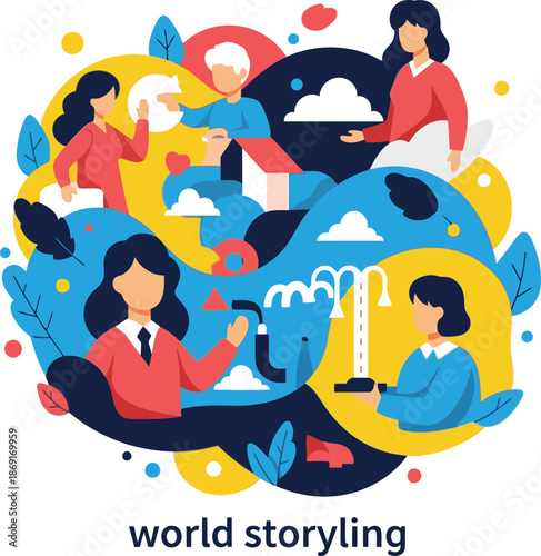 World storytelling concept with diverse people reading