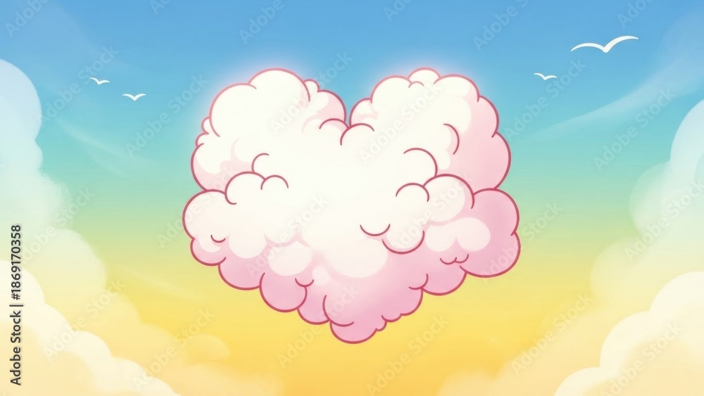 Obraz premium A serene heart-shaped cloud floats gently in a whimsical, colorful sky, creating a peaceful
