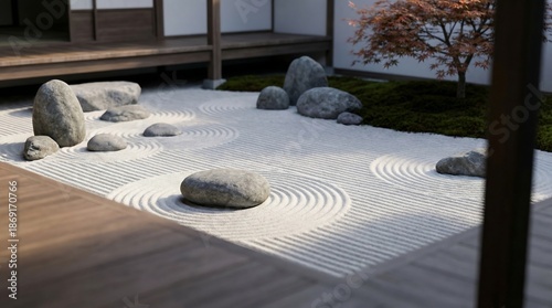 Serene Japanese garden with stones and ripples on sand viewed from a wooden deck