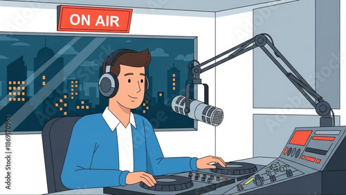 Radio DJ with headphones and microphone in studio broadcasting live with ON AIR sign for media and entertainment concepts