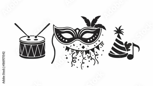 Festive Party Celebration Set Featuring A Decorative Masquerade Mask Rhythmic Drum And Striped Musical Event Hat