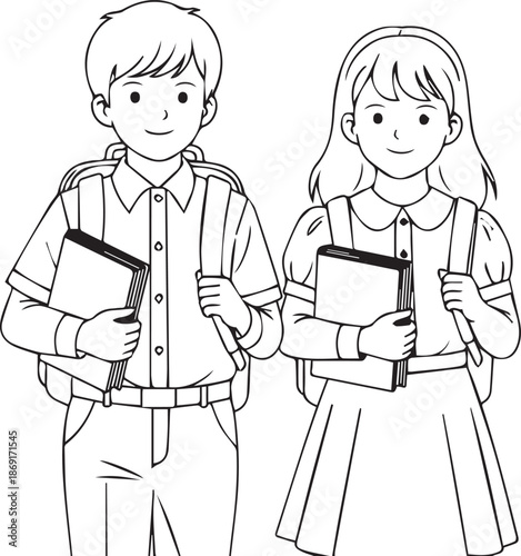 School children vector line art illustration. Boy and girl students with backpacks and books. isolated PNG with Transparent Background