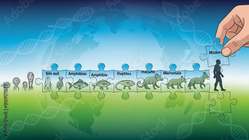 Evolution of life puzzle from single cell to human representing biological development and scientific concept with DNA background