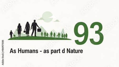 Diverse group of people walking towards a green landscape representing humanitys connection with nature and the number 93 symbolizing progress or 