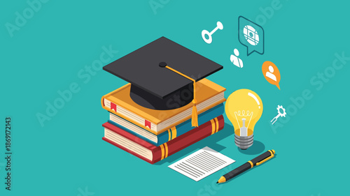 Education Concept Graduation Cap on Books with Light Bulb, Isometric Illustration