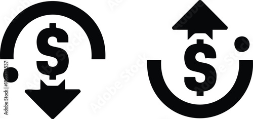 Currency Value Fluctuation Icons, Monetary Flow Direction Graphics, Cost Increase and Decrease Symbols, Market Bull and Bear Indicators, vector, illustration, silhouette.