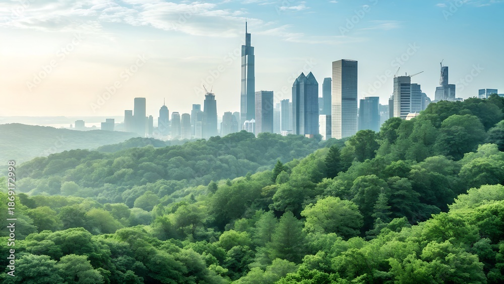 Fototapeta premium Modern Sustainable City Skyline View from Lush Green Urban Forest at Dawn