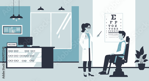 Optometrist conducting eye exam for patient in modern clinic.