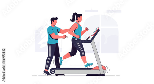 Personal Trainer Guiding Woman on Treadmill for Fitness and Health.