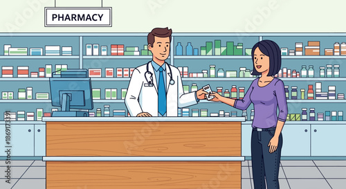 Pharmacist assisting a woman with her prescription at the pharmacy counter.