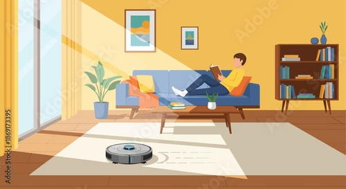 Robot vacuum cleaner working in living room while man relaxes on sofa.