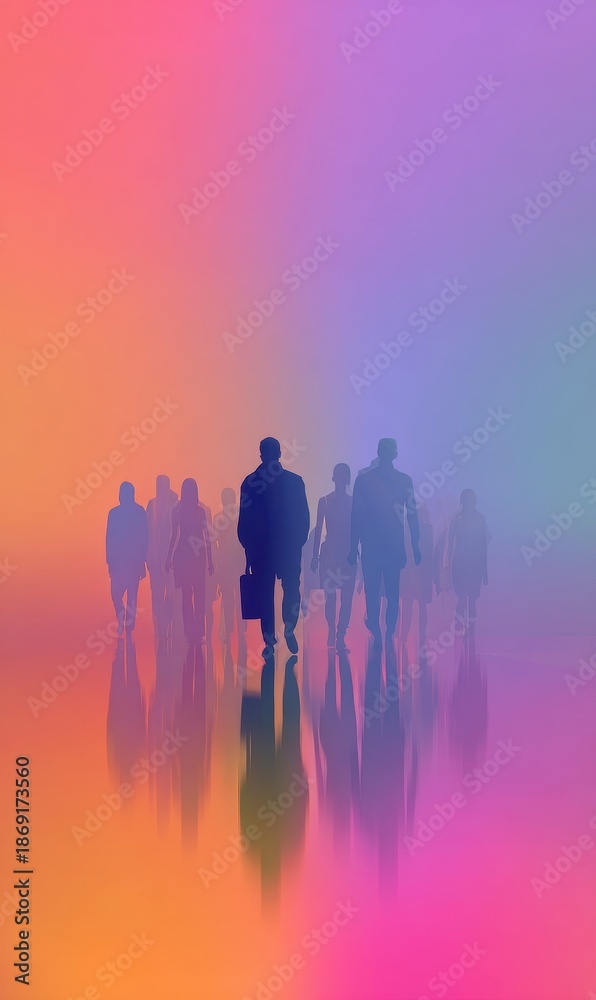 Fototapeta premium People Walking in Colorful Abstract Foggy Background