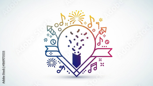 Vibrant heart shaped light bulb with colorful confetti and music notes on white background for creative inspiration and celebration with innovation