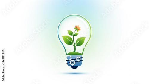 A creative lightbulb with a green plant growing inside and mechanical gears on a gradient background symbolizing innovation and eco friendly technology