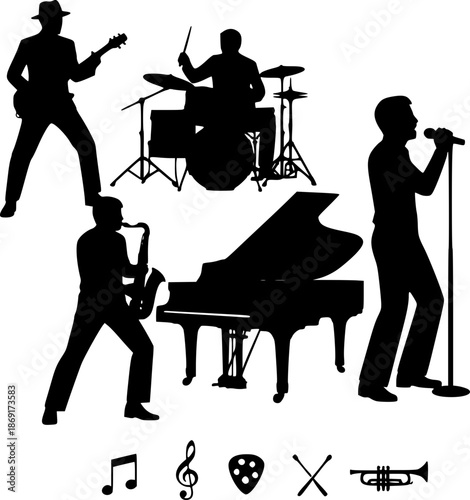 Musical band silhouettes set. Live music performance with singer, guitarist, drummer, pianist and saxophonist isolated on white background. Vector illustration with musical notes and instruments.