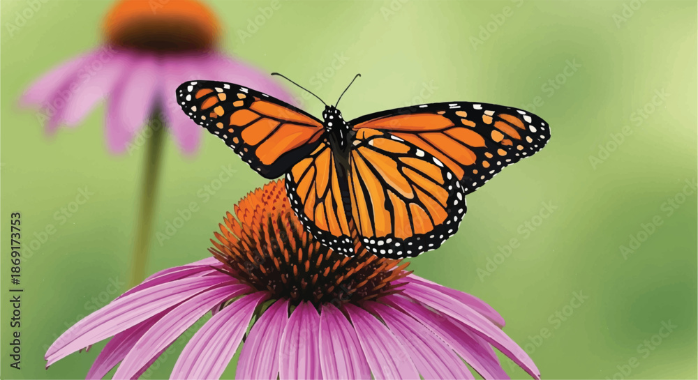 Naklejka premium Close Up of a Vibrant Monarch Butterfly Resting on a Pink Echinacea Flower in the Garden