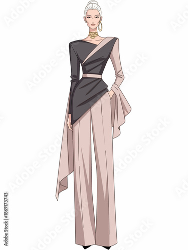 Elegant fashion illustration of a woman wearing a stylish black and beige jumpsuit with gold accessories and a sleek updo hairstyle for formal events.