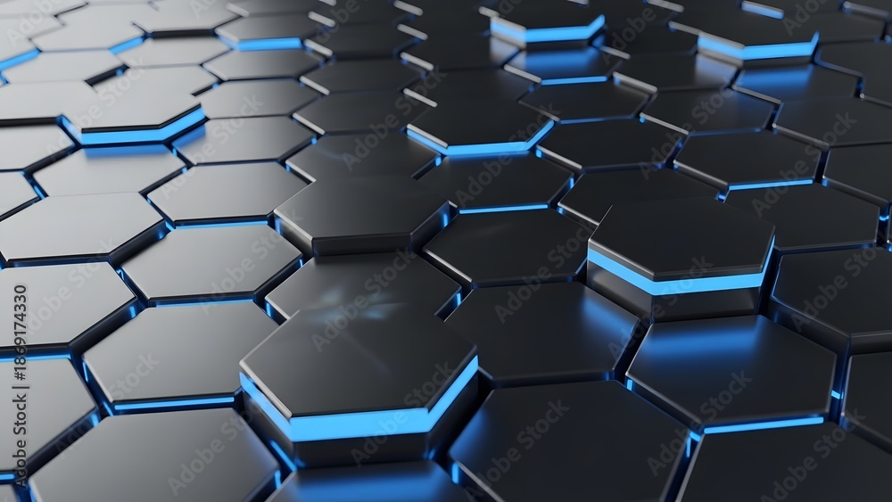 Fototapeta premium Abstract geometric background with dark hexagonal tiles and glowing blue neon accents