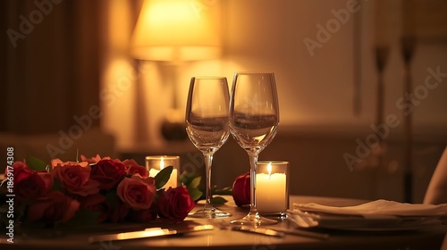 Cinematic photography of a romantic candlelight dinner setup with elegant minimal interior and warm cozy atmosphere