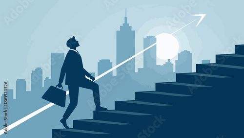 Businessman climbing stairs to success in cityscape