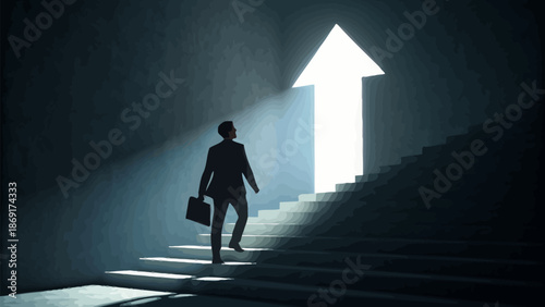Businessman walking towards bright opportunity and success