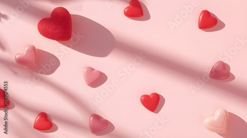 Elegant Valentine's Day heart-shaped objects arranged in a minimalist composition on a pastel pink background with soft shadows, captured from a top-down viewpoint.