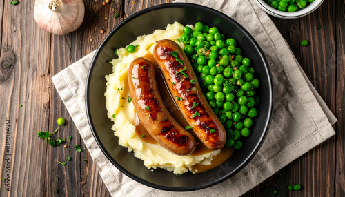 Bangers and Mash on Rustic Wooden Table Clean Style