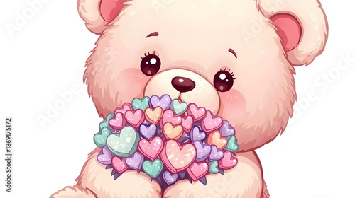 Adorable Kawaii Teddy Bear Hugging a Sweet Bouquet of Tiny Hearts, Pastel Aesthetic, Cute Cartoon Illustration for Valentine's Day or Romantic Gifts