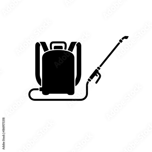 black and white icon of a backpack-style manual sprayer featuring a large tank, flexible hose, and long spray wand. Perfect for representing professional farming, large-scale plantation maintenance
