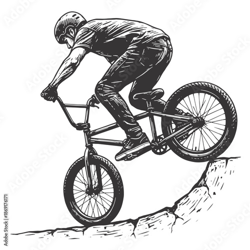 Bicycle  rider silhouette performing extreme stunts on a rugged mountain bike trail
