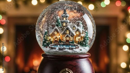 A festive gold and glass ball ornament hangs from a shiny ribbon on a decorated Christmas tree near a warm fireplace during the winter holiday season to celebrate a golden New Year