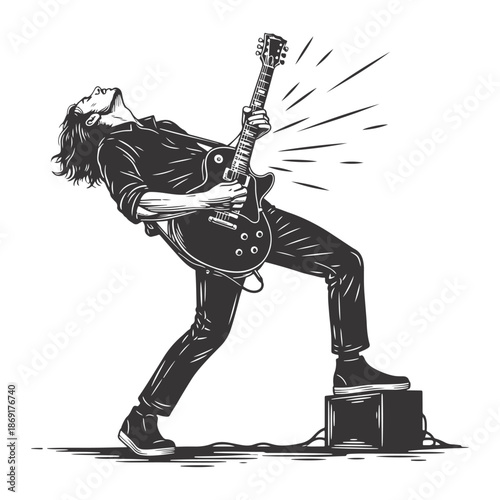 Electric guitar player silhouette performing with passion and energy