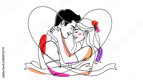 Colorful Continuous Line Art of Romantic Couple Embracing with Foreheads Touching on Valentine