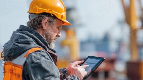 Construction worker using software on a tablet to track project progress at a construction site during daytime hours