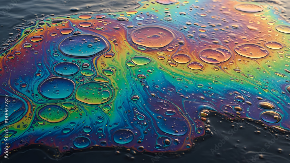 Obraz premium A mesmerizing close-up of an oil slick on water, displaying a vibrant spectrum of rainbow colors and bubble formations.