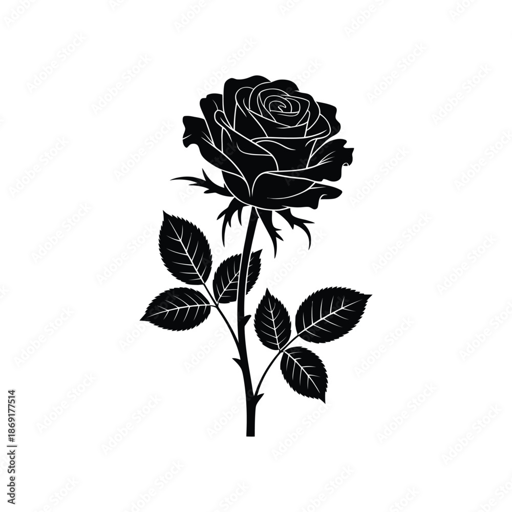 Fototapeta premium Rose Silhouette Illustration Black Vector A Classic Floral Design with Detailed Petals Stem and Leaves Perfect for Elegant and Timeless Projects