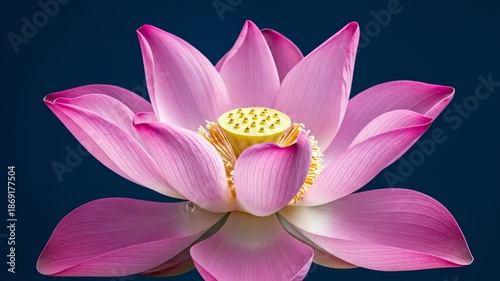 A magnificent pink royal lotus flower unfurling its petals in a breathtaking accelerated time-lapse sequence against a deep blue background blossom, background, perfection