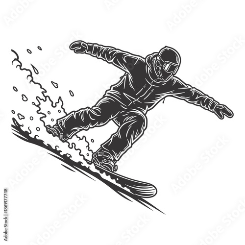 Active snowboarder silhouette speeding down a snowy winter hill