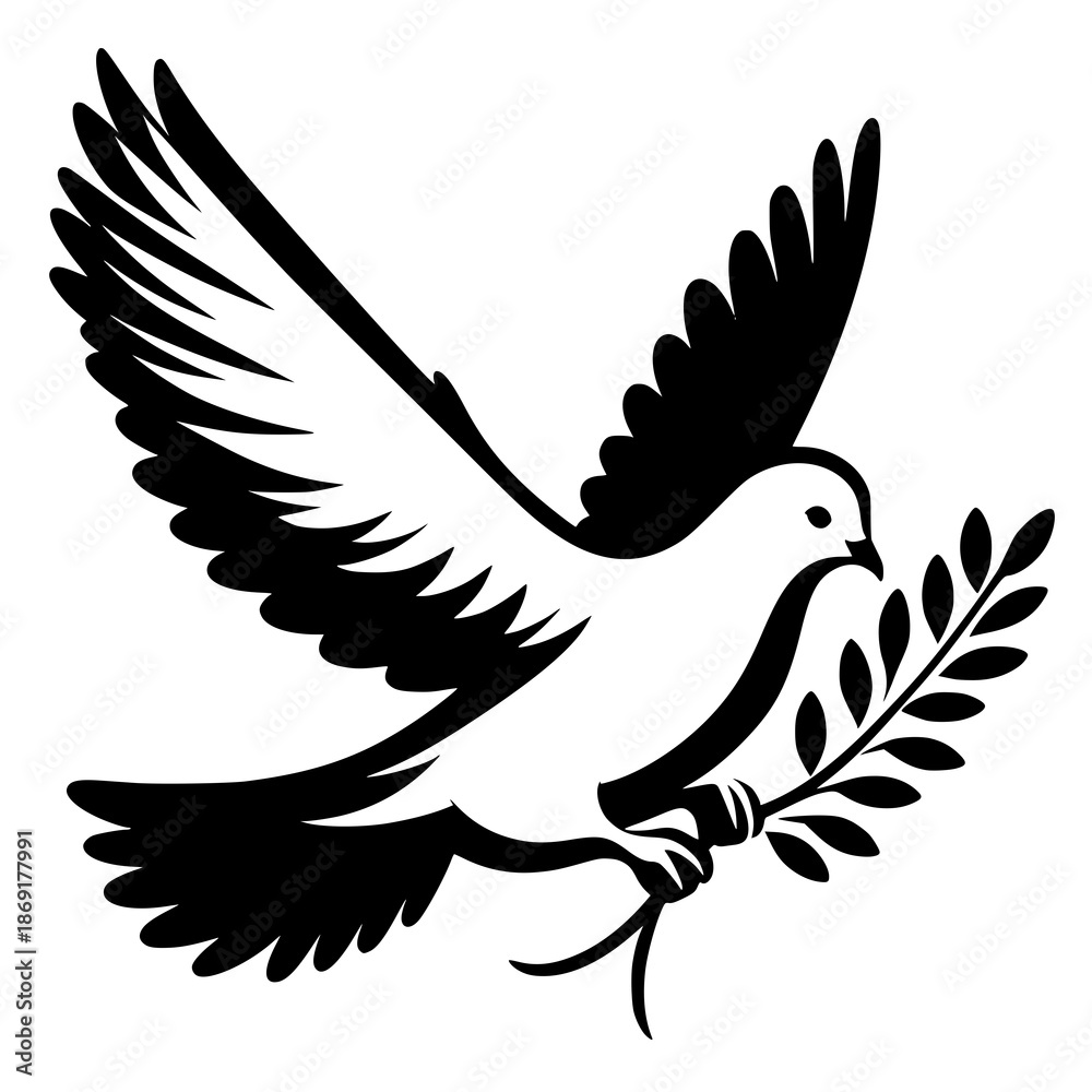 Fototapeta premium Black and white stencil illustration of a flying dove carrying an olive branch. Design for peace day posters, wedding invitations, or religious logo branding. JPEG version.