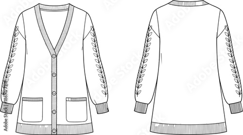 Cardigan sweater, fashion flat sketch, V-neck button front, patch pockets, embroidery sleeve, vector template, garment design, apparel CAD drawing