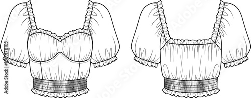 Cropped blouse sketch, fashion flat drawing, puff sleeve design, sweetheart neckline top, apparel template, front back view, vector illustration